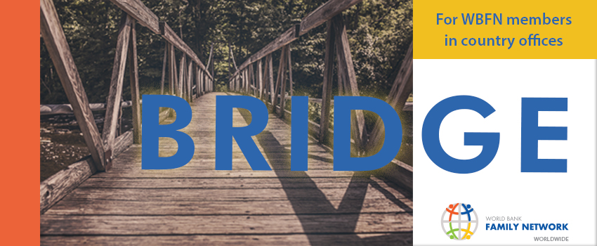 Bridge, a bimonthly publication of the Worldwide team to help members in living in Country Offices The banner for Bridge, the worldwide WBFN newsletter